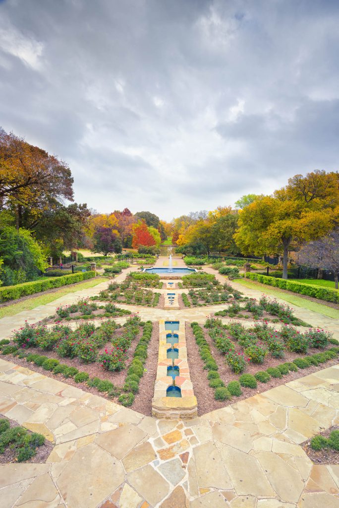 Beautifully landscaped urban Rose Garden in Fort Worth Texas
