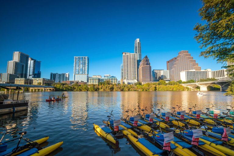 Enjoy kayaking in view of the Downtown Skyline of Austin Texas