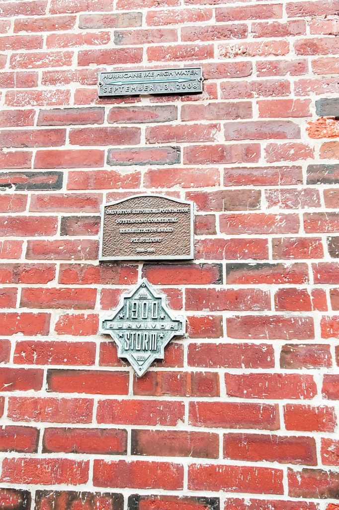 Markers showing flood water levels in Galveston downtown