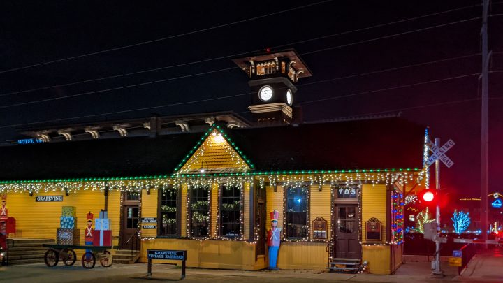 Grapevine Vintage Railroad station decorated for Christmas season
