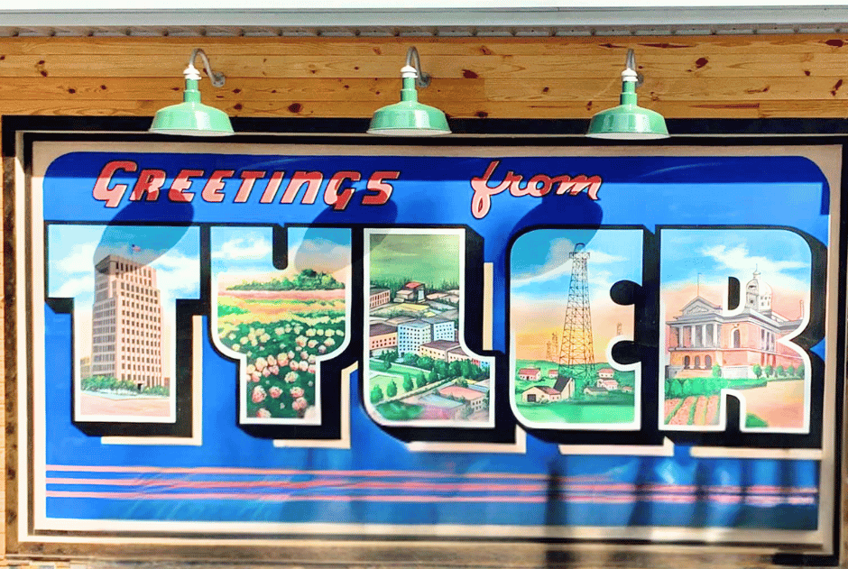 The Greetings from Tyler mural is located at the Boulders on Lake Tyler 1
