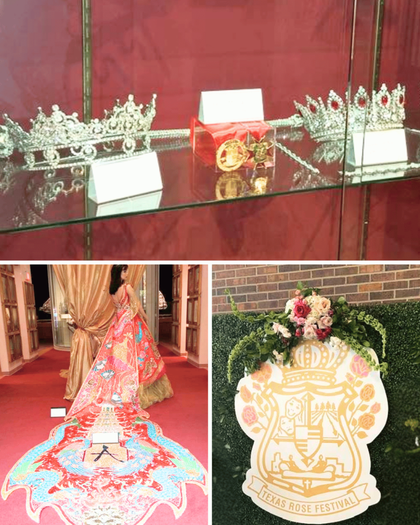 The garden museum has gowns and tiaras from past Rose festivals